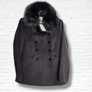 H&M Black Faux Fur Collar Double Breasted Winter Coat Size 6 NWT